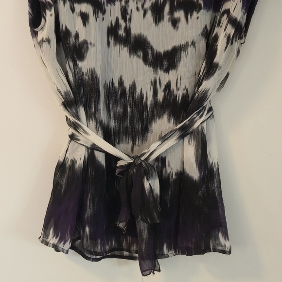 Reitmans XL Purple Black White Ikat Chiffon Cap Sleeve Blouse Belted - Picture 8 of 12